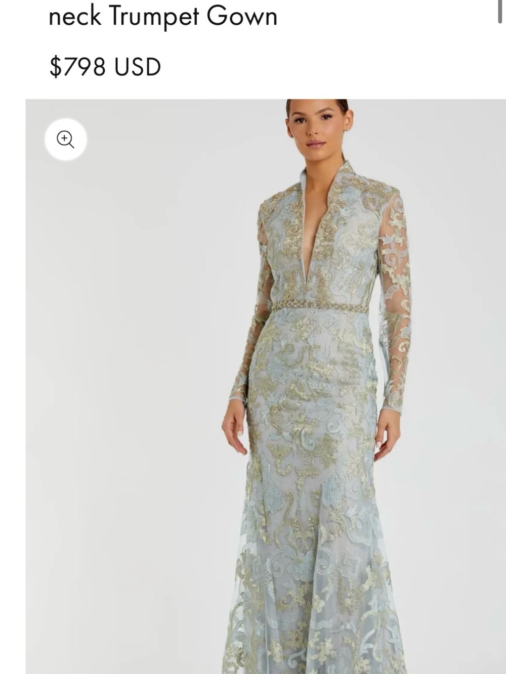Mac Duggal Pale Blue and Gold Embroidered Long Sleeve Trumpet Gown